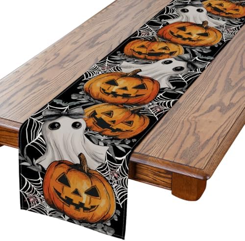 Halloween Table Runner with Jack-O-Lantern Ghost and Spider Designs