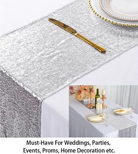 ShinyBeauty Silver Sequin Tassel Table Runner 12x90in