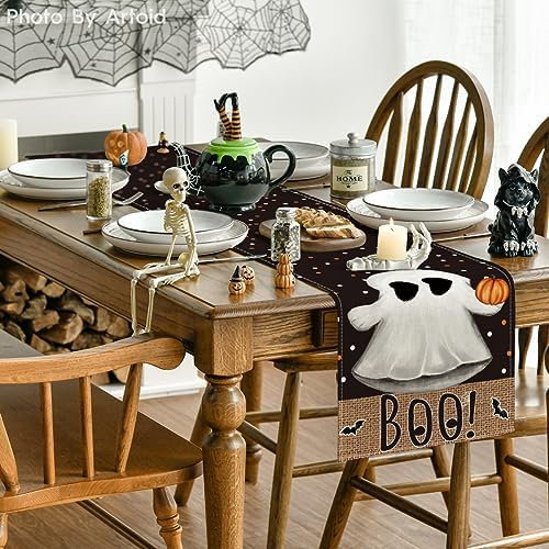 Artoid Mode Black Boo Ghost Pumpkin Dots Table Runner