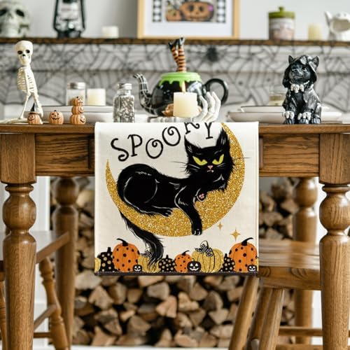 Artoid Mode Spooky Halloween Table Runner with Black Cat Design