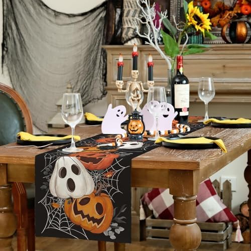 ARKENY Halloween Pumpkin Table Runner Black Spider Web