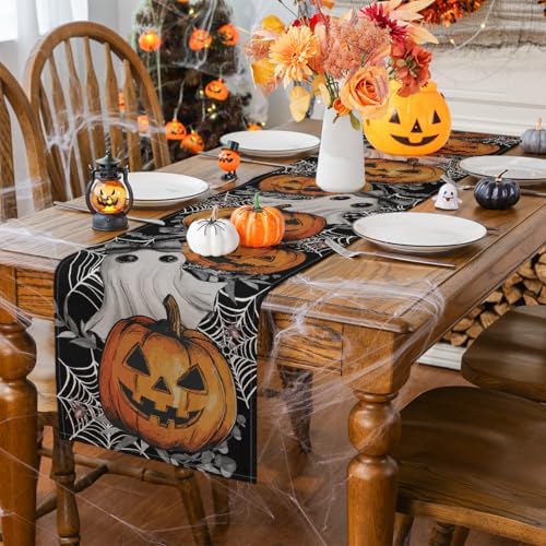 Halloween Table Runner with Jack-O-Lantern Ghost and Spider Designs