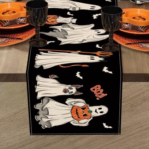 Halloween Ghost Boo Black Table Runner 13x72 Inch