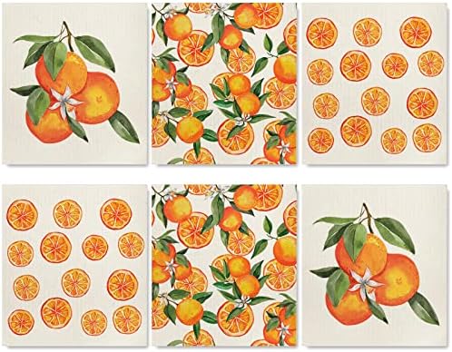 Whaline Orange Patterned Dishcloths 6Pcs 7x8in Reusable Kitchen Towels