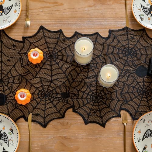 Sioloc Halloween Table Runner with Black Lace Spider Web Design