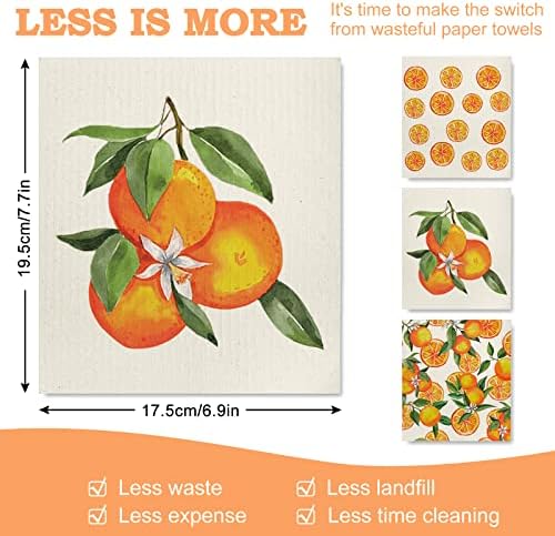 Whaline Orange Patterned Dishcloths 6Pcs 7x8in Reusable Kitchen Towels
