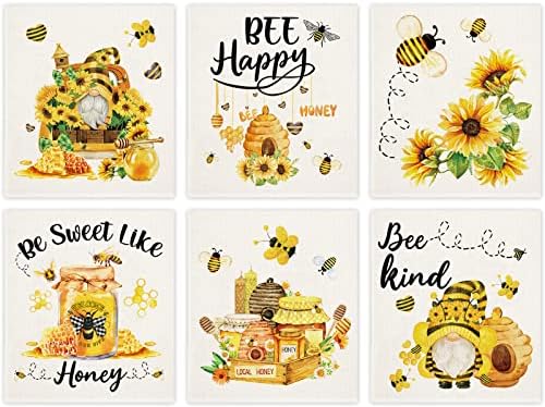 Whaline 6Pcs Bee Themed Dish Cloths Reusable Cotton Sponge Cleaning Towels