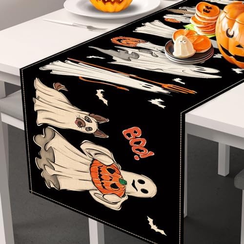 Halloween Ghost Boo Black Table Runner 13x72 Inch