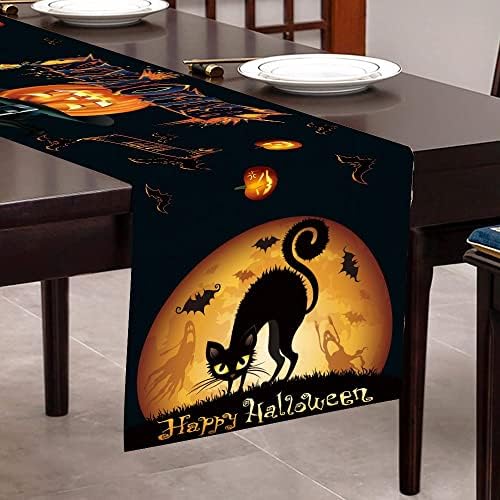 LAMOOER Halloween Table Runner Black Orange Red Linen