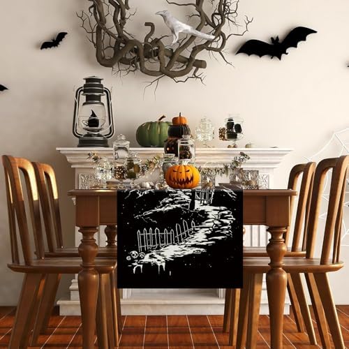 Halloween Table Runner Haunted House Witch Spooky Village Gothic 13x72 Inch