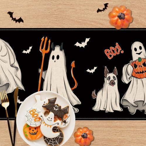 Halloween Ghost Boo Black Table Runner 13x72 Inch