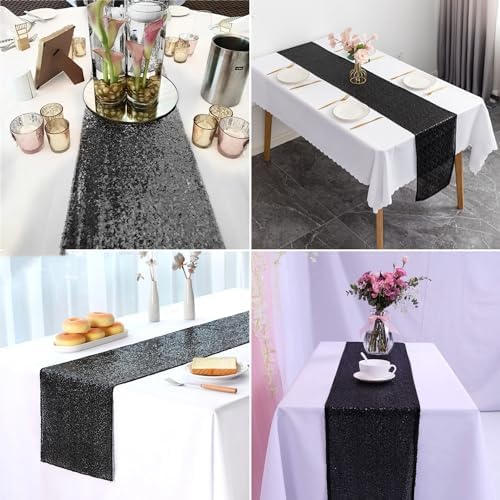 15 Pack Black Sequin Table Runner for Holidays and Events