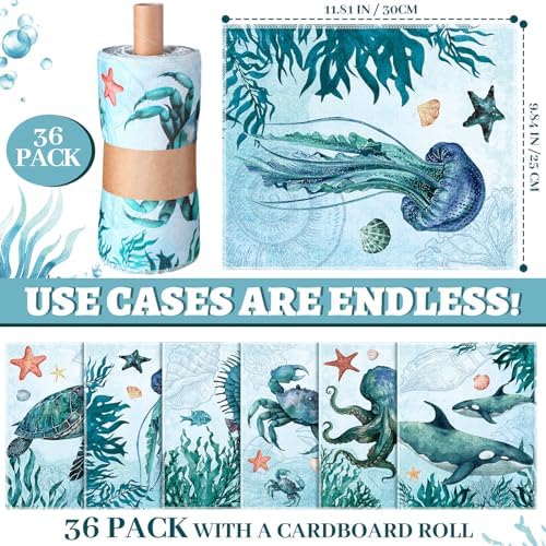36 Count Reusable Cleaning Cloths Cotton Kitchen Towels Sea Animals Blue
