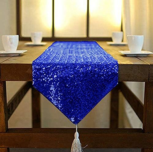 ShinyBeauty Sequin Table Runner with Tassel 12x72 Inch Royal Blue