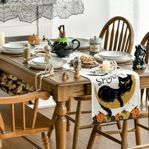 Artoid Mode Spooky Halloween Table Runner with Black Cat Design