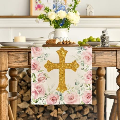 Artoid Mode Pink God Bless Girl Baptism Baby Shower Table Runner 13x72 Inch