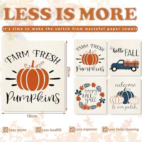 Swedish Kitchen Dishcloth Set 4Pcs 7x8 Inch Fall Themed