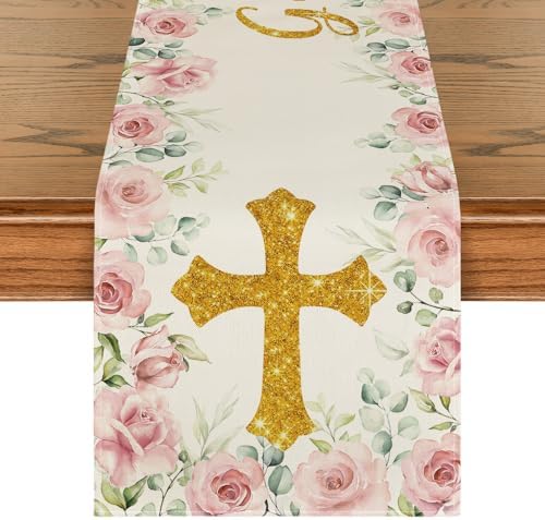 Artoid Mode Pink God Bless Girl Baptism Baby Shower Table Runner 13x72 Inch