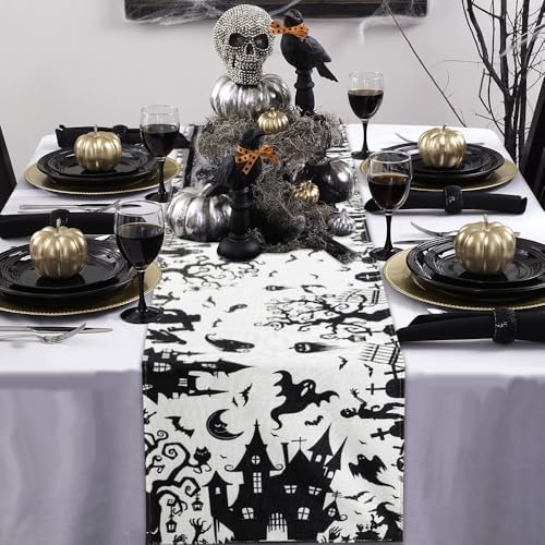 Halloween Table Runner with Haunted House Design