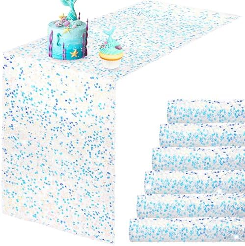 6 Pcs Iridescent Sequin Table Runner White 12x72 Inch Mermaid Wedding Cover