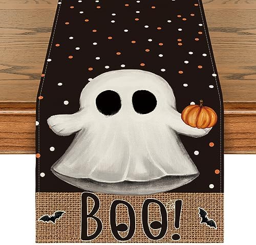 Artoid Mode Black Boo Ghost Pumpkin Dots Table Runner