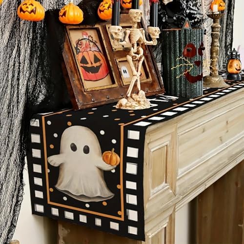 Funny Ghost Table Runner Halloween Pumpkin Chessboard Design 13x72 Inch