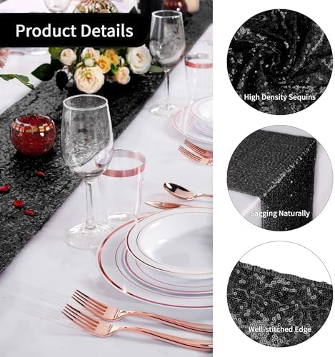 15 Pack Black Sequin Table Runner for Holidays and Events