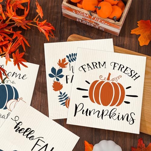 Swedish Kitchen Dishcloth Set 4Pcs 7x8 Inch Fall Themed