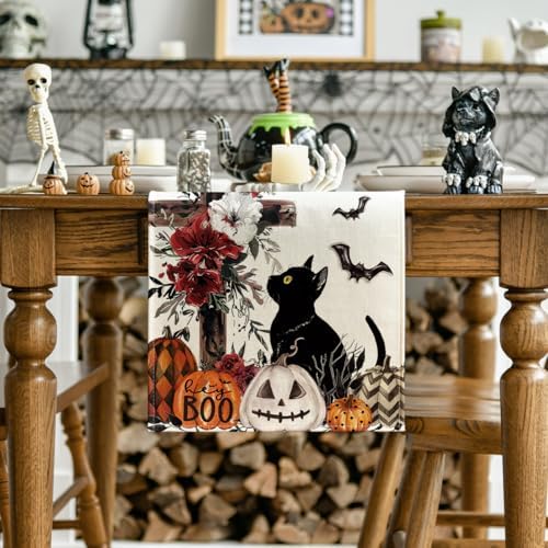 Artoid Mode Halloween Table Runner with Black Cat Design