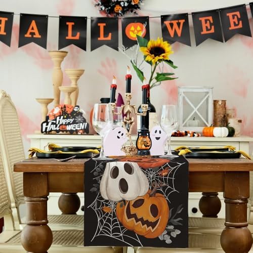 ARKENY Halloween Pumpkin Table Runner Black Spider Web