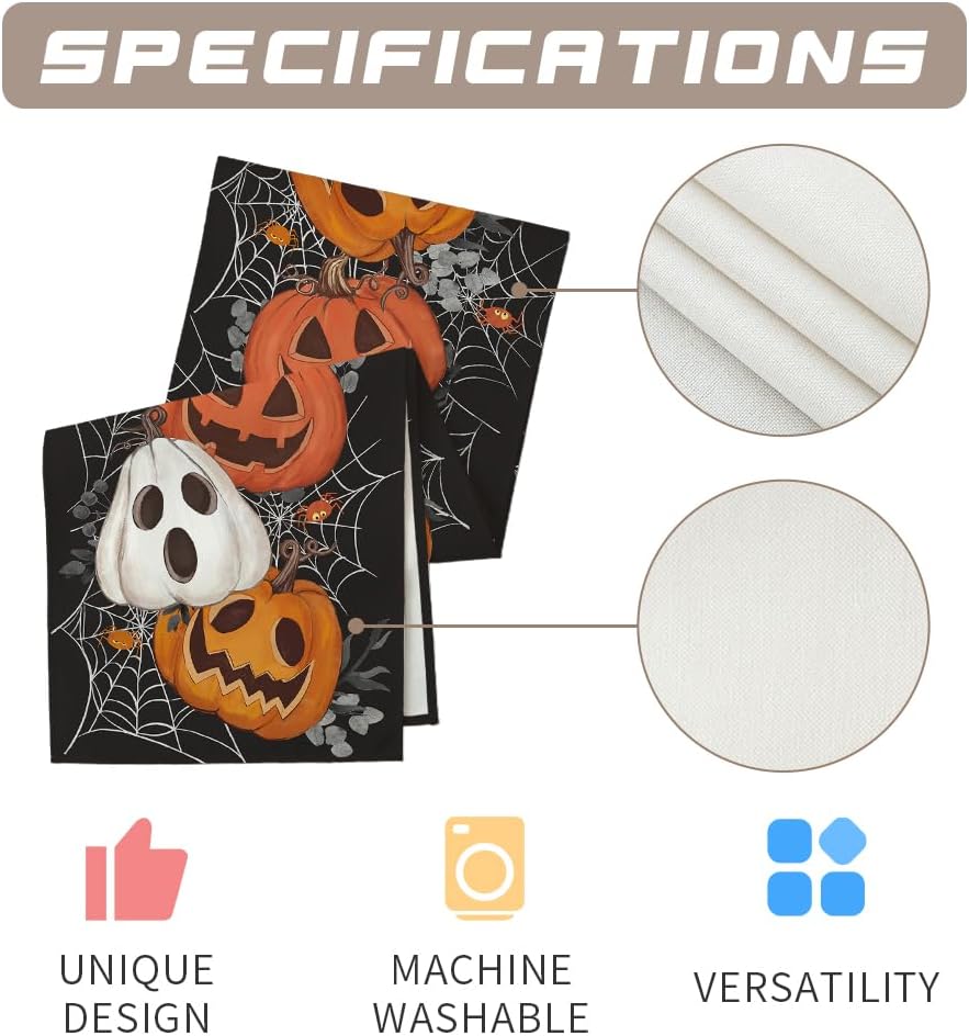 ARKENY Halloween Pumpkin Table Runner Black Spider Web