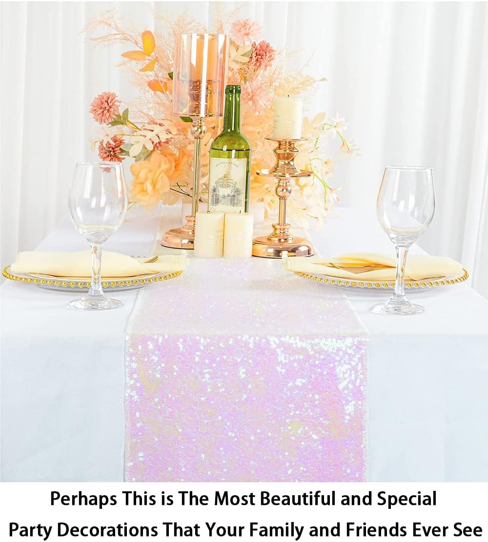 ShinyBeauty Sequin Table Runner 12x108 Inch Iridescent White Pack of 1