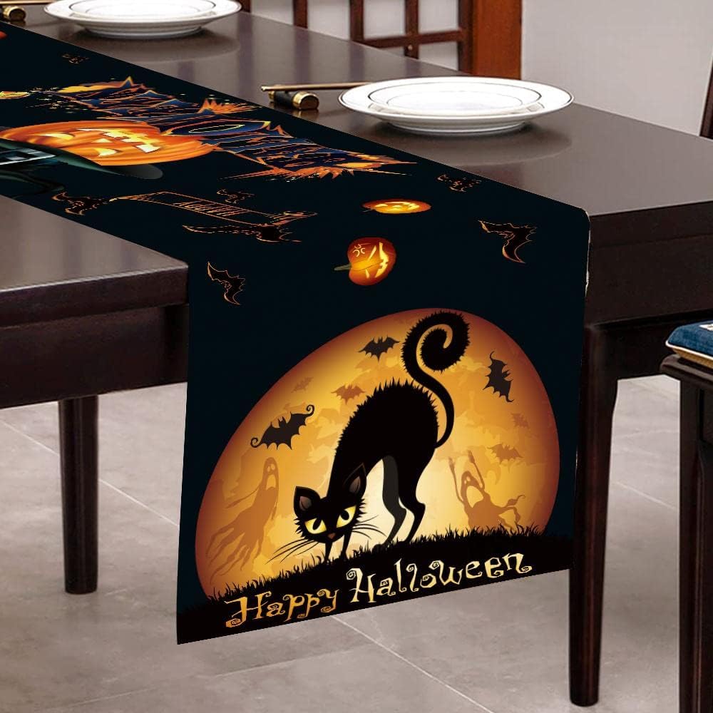 LAMOOER Halloween Table Runner Black Orange Red Linen