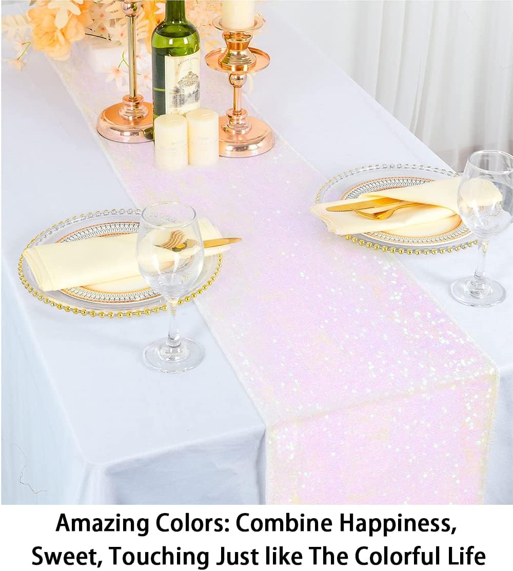 ShinyBeauty Sequin Table Runner 12x108 Inch Iridescent White Pack of 1