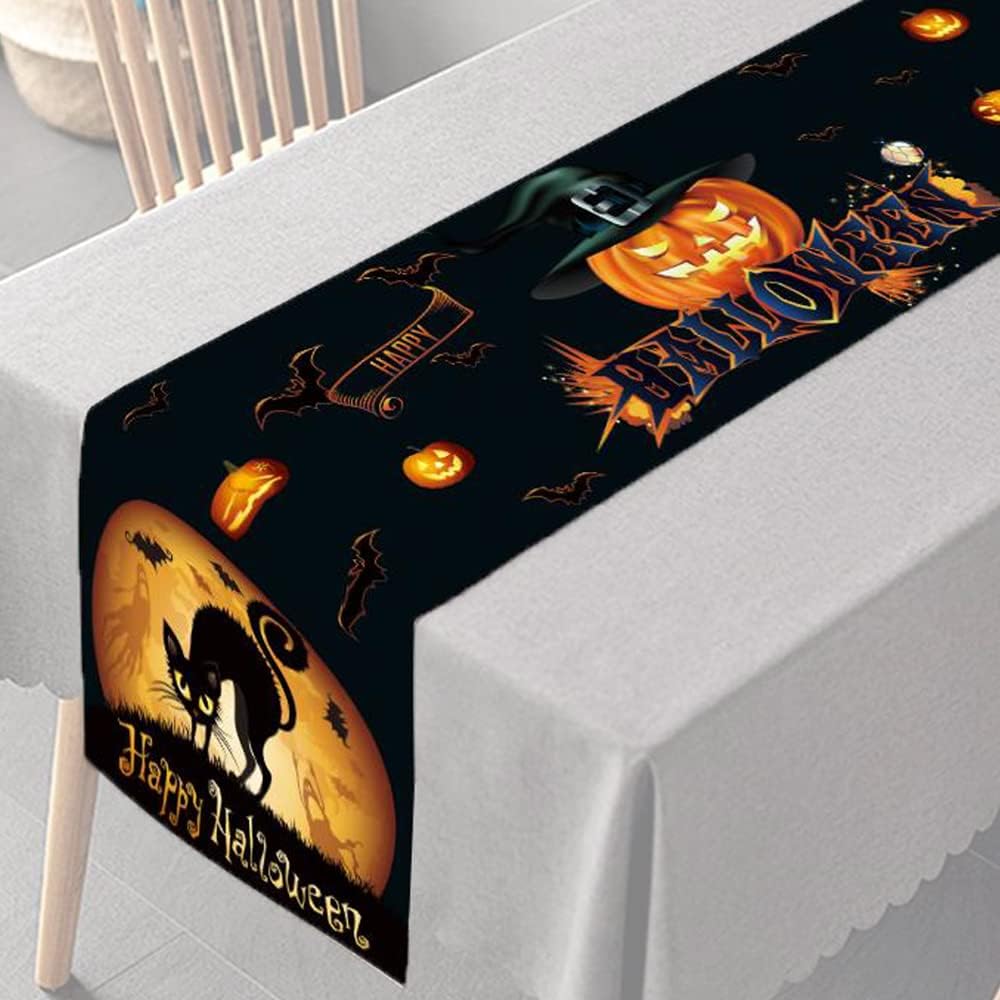 LAMOOER Halloween Table Runner Black Orange Red Linen