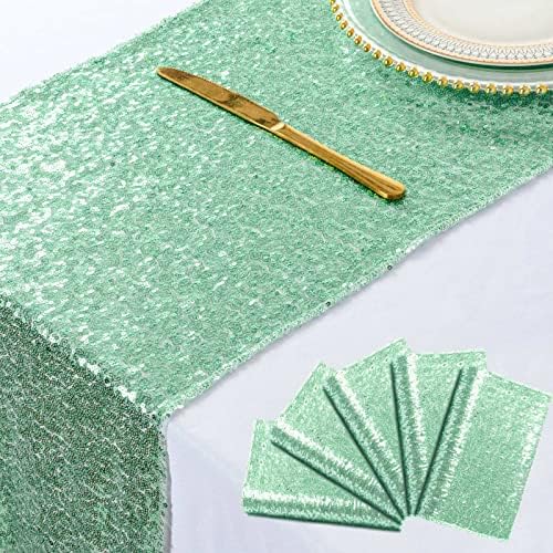 ShinyBeauty Mint Green Sequin Table Runner Set of 5