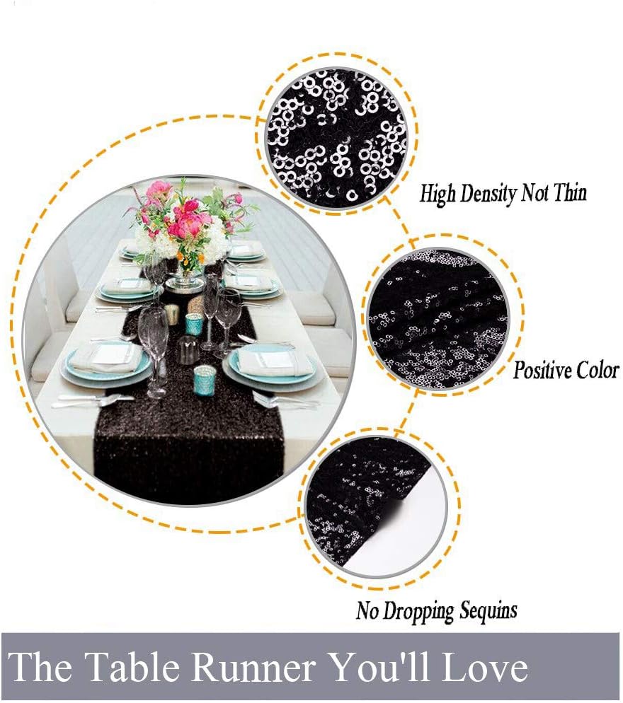ShinyBeauty Black Sequin Table Runner 12x108 Inch