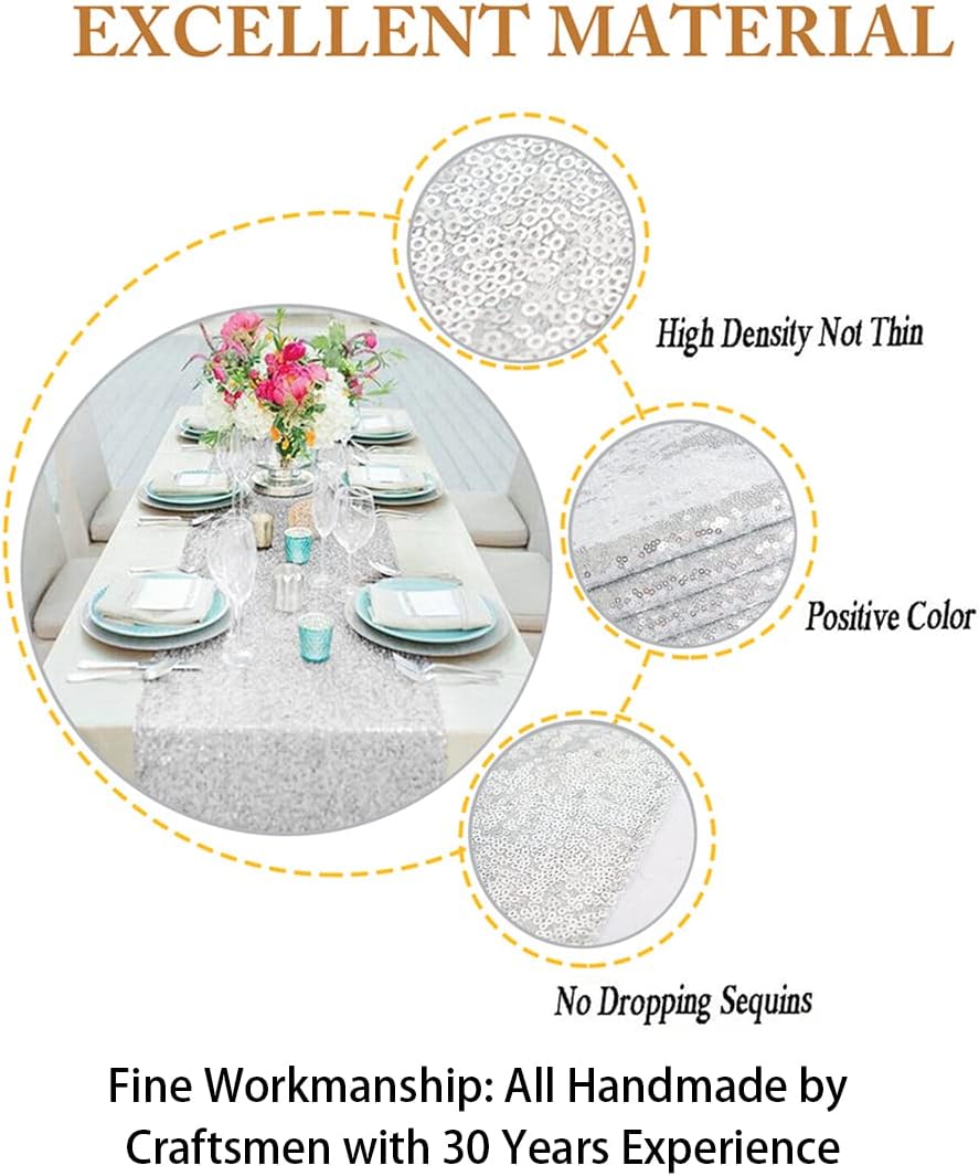 ShinyBeauty Silver Sequin Tassel Table Runner 12x90in