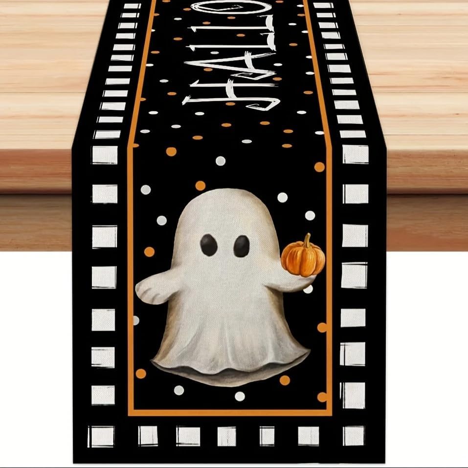 Funny Ghost Table Runner Halloween Pumpkin Chessboard Design 13x72 Inch