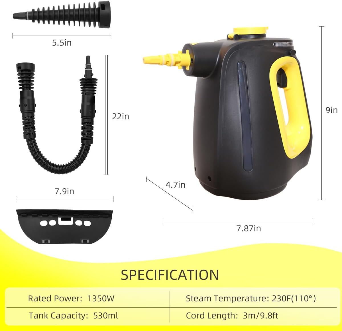 Yardeen 1350W Pressurized Handheld Steam Cleaner with 10-Piece Accessory Set