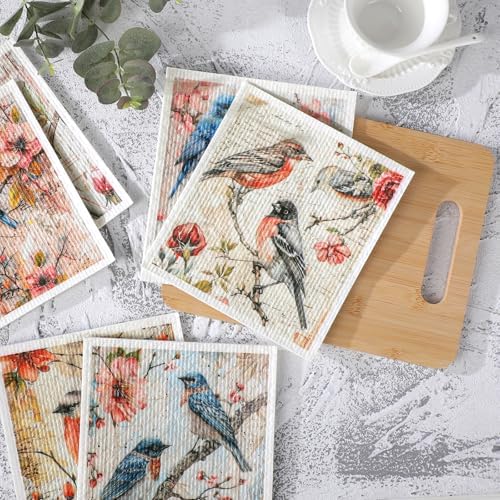 VISSTREE Birds Flowers Dishcloths 6 Pack Reusable Kitchen Cloths
