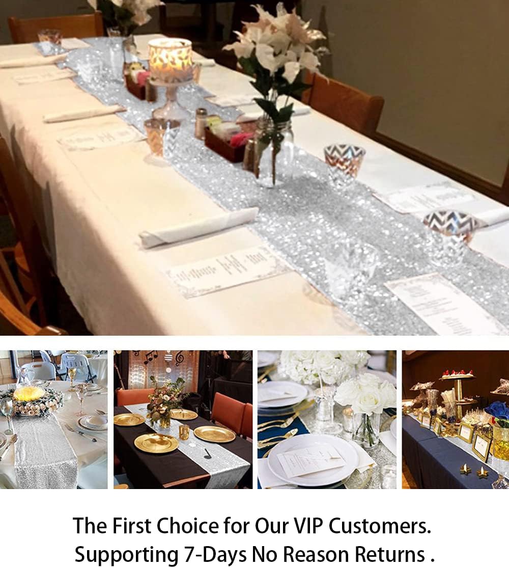ShinyBeauty Silver Sequin Tassel Table Runner 12x90in