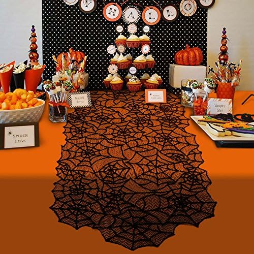 AerWo 80x20 Inch Black Spider Web Table Runner Halloween Decoration