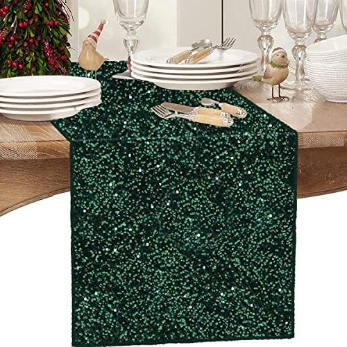 Emerald Green Sequin Velvet Table Runner - 12x72 Inches