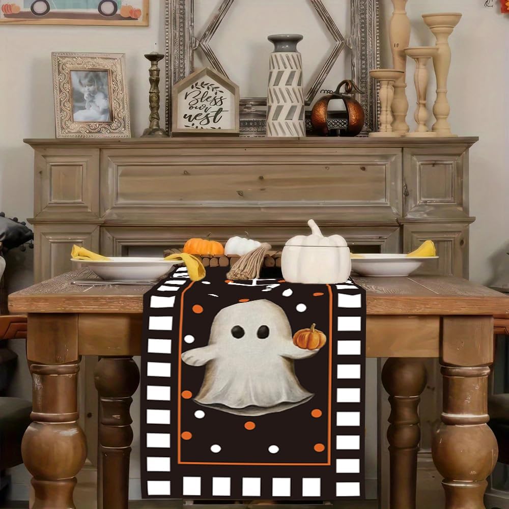 Funny Ghost Table Runner Halloween Pumpkin Chessboard Design 13x72 Inch