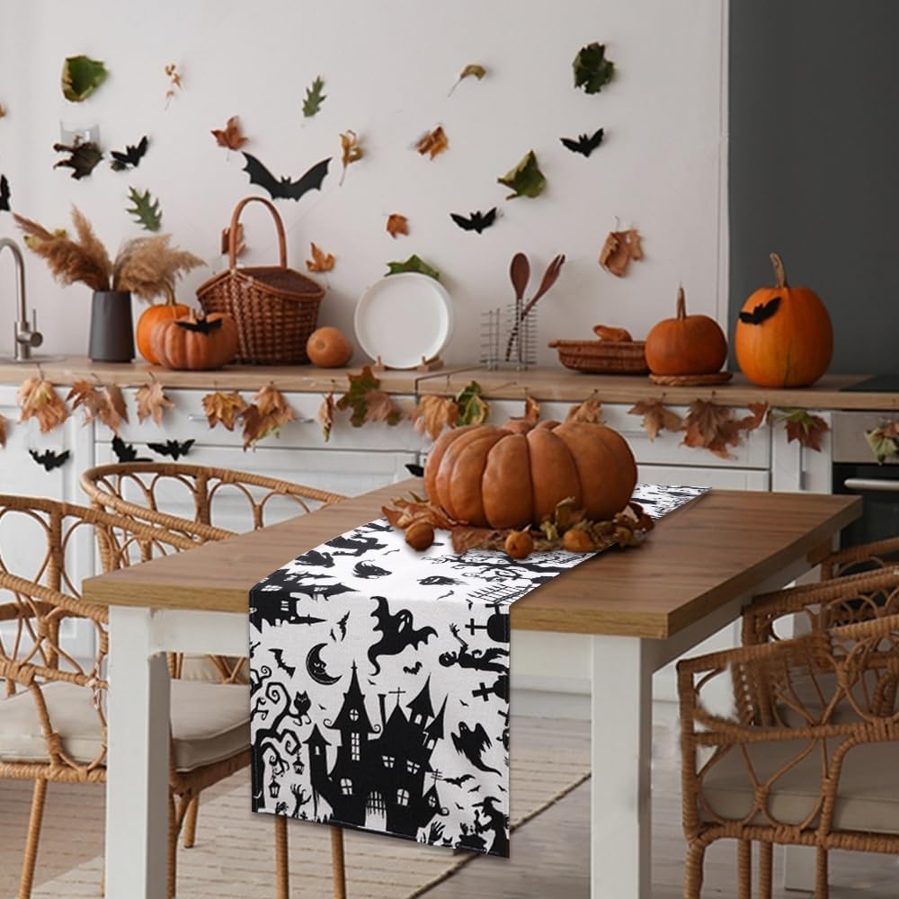 Halloween Table Runner with Haunted House Design