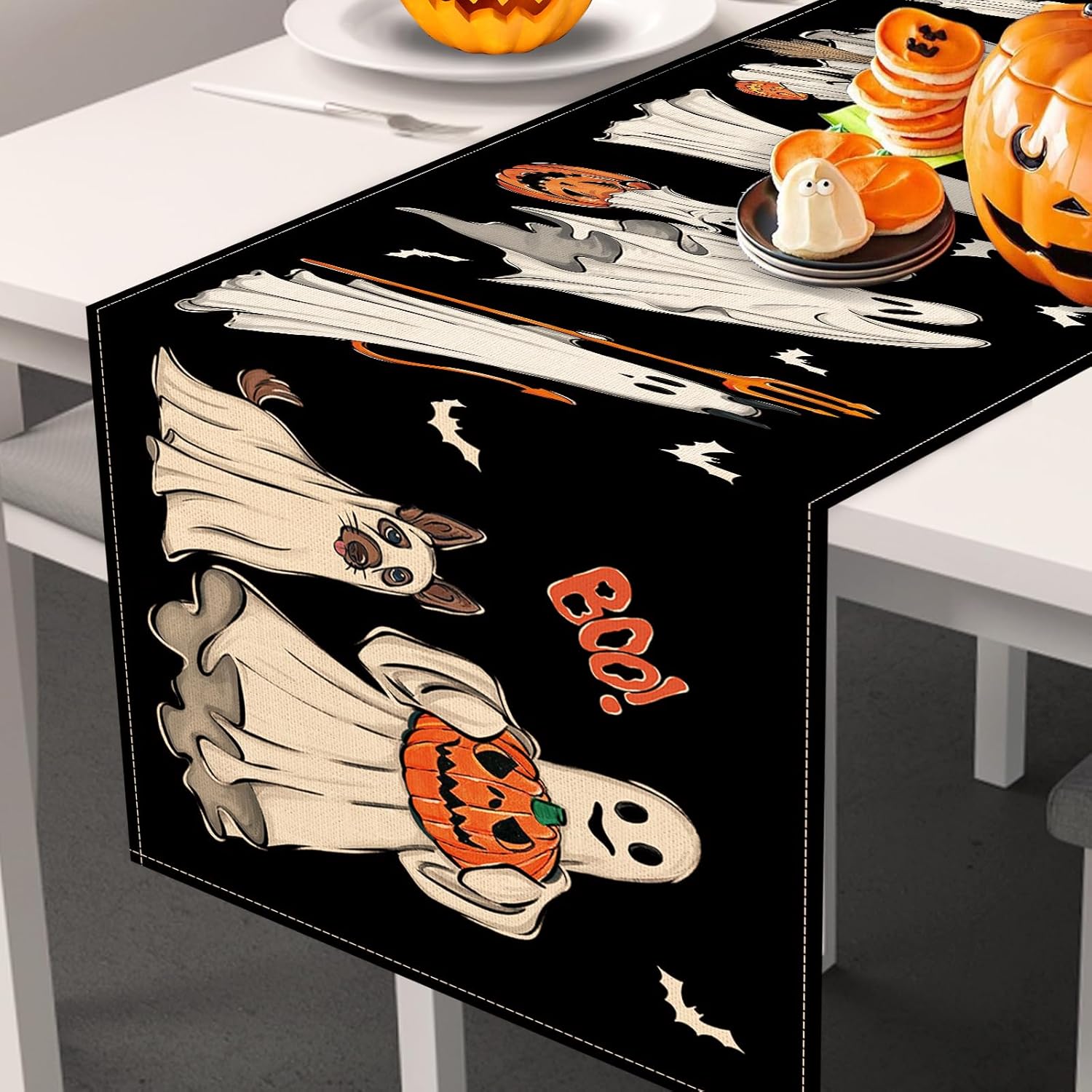 Halloween Ghost Boo Black Table Runner 13x72 Inch