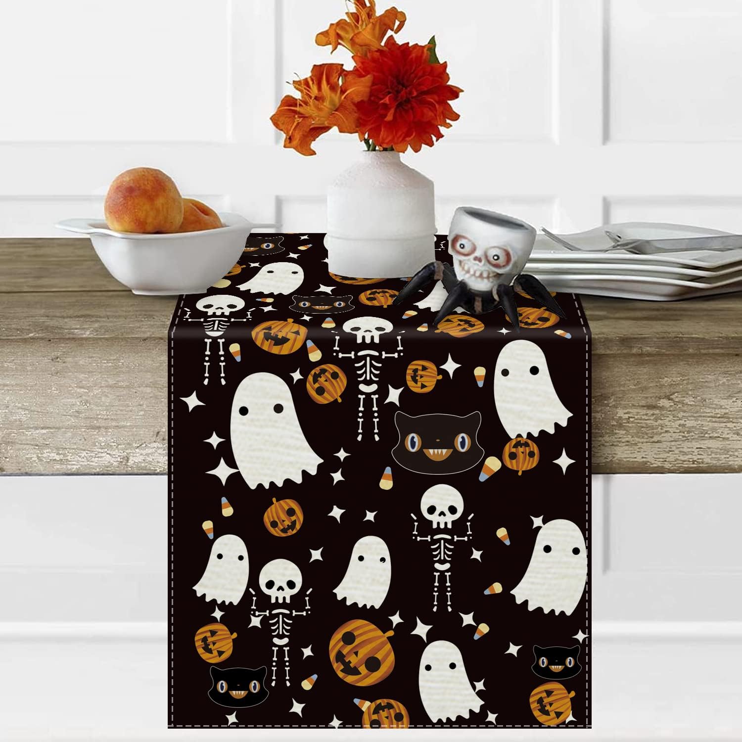 GAGEC Halloween Table Runner Black Cat Pumpkins