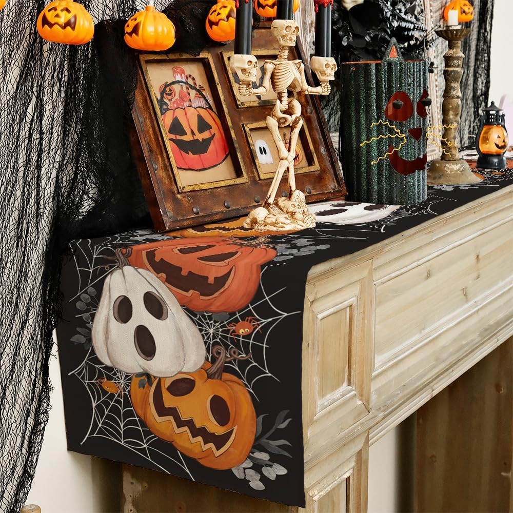 ARKENY Halloween Pumpkin Table Runner Black Spider Web