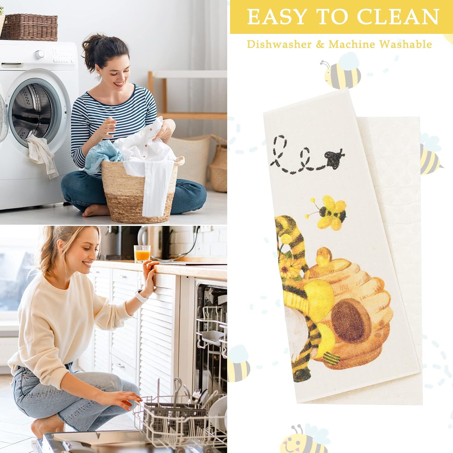 Whaline 6Pcs Bee Themed Dish Cloths Reusable Cotton Sponge Cleaning Towels